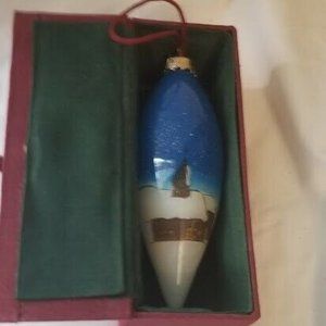 CHRISTMAS WINTER HOUSES BLUE/WHITE GLASS BALL ornament PURPLE VELVET BOX